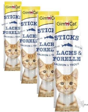 GimCat Sticks salmón y Trucha - Suaves palitos para Masticar con Alto Contenido de Carne y sin azúcar añadido - 1 Paquete (1 x 4 Sticks) (Paquete de 4)
