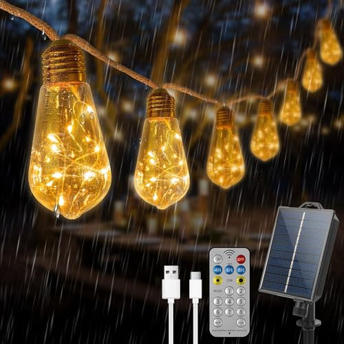 BatdTech Catena Luminosa Esterno Solare 8M, 16 LED Luci Stringa Filo Lampadina USB Ricaricabile, IP44 Impermeabile Bianco Cald Catena Luci Giardino per Balcone,Gazebo, Natale, Feste