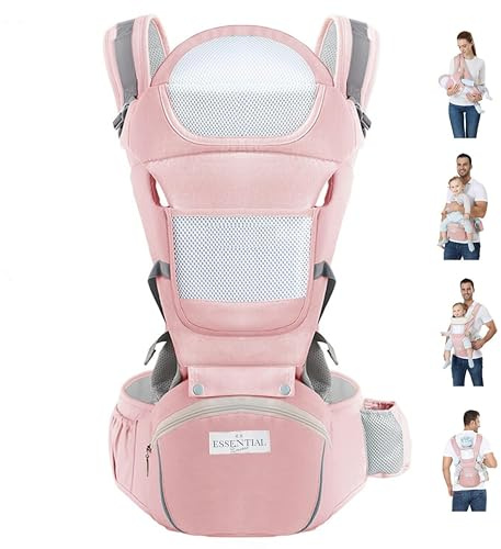 ESSENTIAL ENCORE Baby Carrier with Detachable Hip Seat – Ergonomic Baby Carrier for Newborn, Toddler Carrier (3–36 Months) – Breathable Cotton, M-Position Support, Foldable Head Pad – Pink