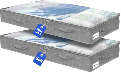 10 cm Hohe 50L Unterbett-Aufbewahrungstaschen, Flache Unterbettboxen aus Leinen mit Sichtfenster, 2-Wege-Reißverschluss und je 4 Robusten Griffen, für Kleidung, Bettwäsche und Decken, Grau, 2er-Set