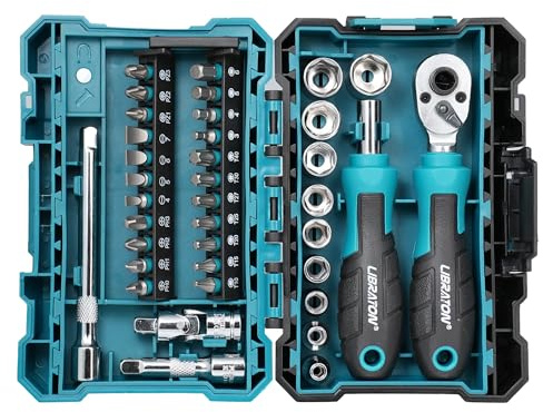 LIBRATON 37PCS 1/4 Drive Mini Socket & Ratchet Wrench Set with Bits, 4-13mm Shallow Sockets, Magnetic Driver Handle, Extension Bars & Universal Joint, with Storage Case for DIY, Auto Repair