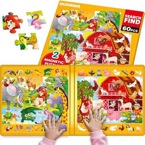 Quokka Rompecabezas Magnéticos para Niños 3 4 5 Años – 2 Set de 60 Piezas Puzzles – Buscar y Encontrar - Apto para Viajar con Animales de Safari y Granja – Educativo Puzzle 3 Años