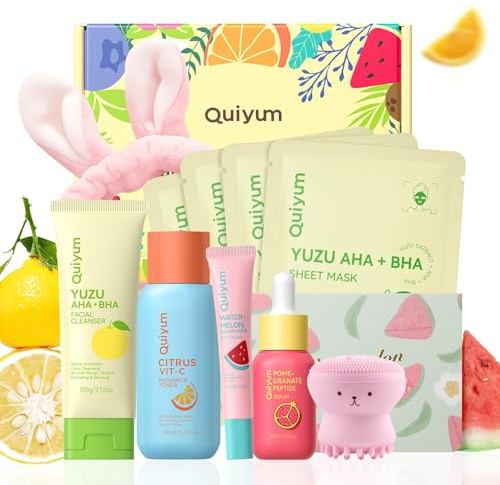 QUIYUM Kit Skincare Viso ai Frutti, Set Regalo Donna 10 Pezzi per Pelli Grasse e Miste a Tendenza Acneica, con Acido Salicilico, Vitamina C, Peptidi, Sebo Control e Anti-Acne