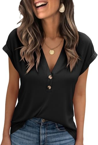 Cicy Bell Women's T-Shirt Women's Sexy V Neck with Buttons Tops Loose Short Sleeve Blouses