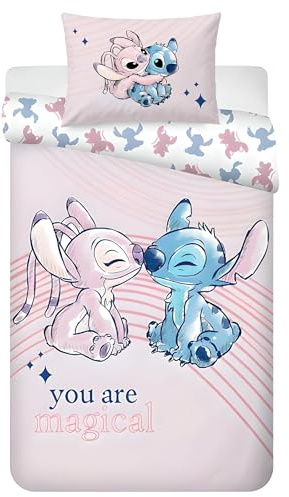 Disney Stitch & Angel Juego de ropa de cama reversible | Cama individual 140x200 cm Funda nórdica y funda de almohada 50x70 cm, 100% algodón | Suavidad y transpirabilidad en juego de ropa de cama
