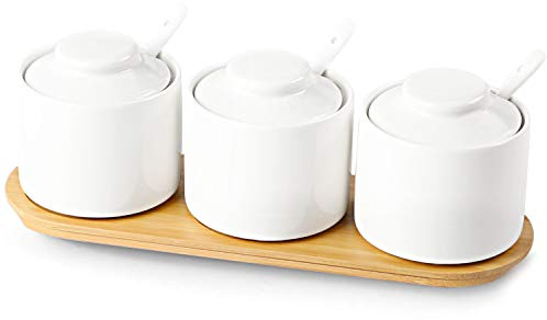 ONTUBE Porcelain Condiment Jar Set of 3 Spice with Tray, Ceramic Condiment Pot Spoon and Lid, Seasoning Box,Sugar Bowl, 8oz (White)