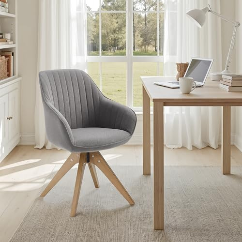 Zouron Desk Chair Grey Boucle - Swivel Armchair - Upholstered Seat 43x42cm Task Computer Chairs for Living Room Chair with Oak Wood Legs, Dinning Chairs for Home Office