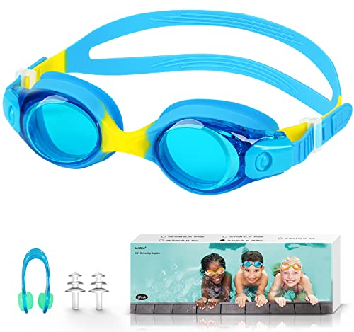 Schwimmbrille Kinder,Taucherbrille für Jungen und Mädchen,Anti UV-Schutz Kein Leck Schwimmbrillen,Anti-Beschlag Wasserdicht Swimming Goggles Set mit Ohrstöpsel und Nasenclip