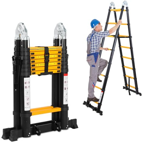 Herrselsam Teleskopleiter A-Rahmen, 3.8m(1.9m+1.9m) Klappleiter Alu Multifunktionsleiter mit Stabilisator Bar und Rädern, Rutschfester, Max Belastung 150 KG, Schwarz Gelb