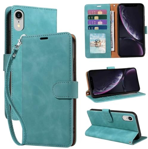 GOTOURED Green Wallet Phone Case for iPhone XR, RFID Blocking 4 Card Slots, Wrist Strap, Kickstand, Magnetic Closure, Shockproof Protective, Soft Leather Flip Cover Case