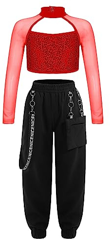 TiaoBug Conjunto De 2 Piezas Para Niñas Camiseta Corta Brillante Con Pantalones Cargo Para Hip Hop Conjunto Deportivo Disfraz De Jazz Actuación Rojo 15-16 años