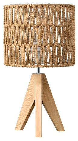 EDISHINE Small Rattan Table Lamp, Rustic Wood Tripod Bedside Lamp, Reticulated Paper Lampshade, Boho Desk Lamp for Living Room, Bedroom, Office, LED Bulb Included, E27 Base