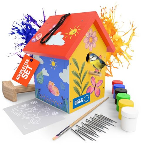 Eli® Vogelhaus Bausatz für Kinder aus Kiefernholz zum bemalen inkl. 6 Farben - Pinsel - Hammer - kreative Schablonen - Vorlagen und Nägel - Nistkasten