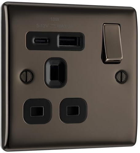 BG Electrical 18W Single Switched Power Plug Wall Socket with Type A USB and Type C USB Charging Ports, Fast Charge, Raised and Slim Profile, Round Edges, Nexus Metal, Black Nickel, 13A, NBN21UAC18B
