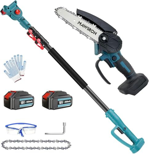 Hochentaster Akku 6 Zoll für Makita 18V mit 2 x 5.5Ah Akku, Bürstenlose Teleskop Astsäge, 180° Schwenkbarem Motorkopf Hochentaster elektrisch, Verstellbare Stange bis 1.5M