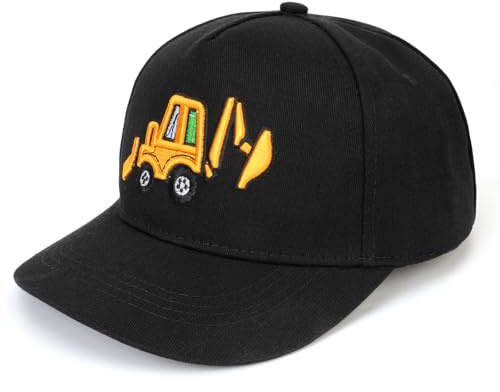 QKURT Chapeau de Soleil pour Enfants, Casquette de Baseball de Pêcheur à Bord Plat, Casquette de Plage de Protection Solaire avec Motif d'Excavatrice pour Garçons de 3 à 8 Ans