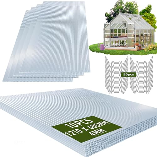 Warmfay 10 lastre alveolari in policarbonato da 4 mm, 1210 x 605 mm, doppie lastre da 7,32 m² con 50 staffe + 50 clip a Z, tagliabili, piastre per serra resistenti ai raggi UV, per serre tettoie ecc