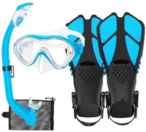 HH HHAO SPORT Kids Snorkeling Set with Fins Anti Leak Snorkeling Gear for Kids with Adjustable Flippers, Youth Junior Full Dry Snorkel Set Swimming Goggles with Nose Cover Diving Mask Scuba with Bag