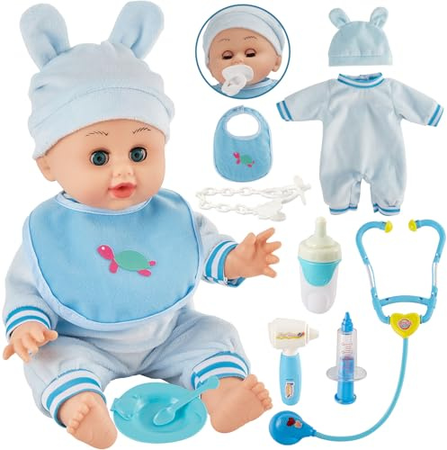 HERSITY Babypuppen Spielzeug mit 12 Ton, Sprechende Babypuppe Kinder Automatisches Öffnen und Schließen Augen, Doktorkoffer Zubehör Lernspielzeug Rollenspiele Geschenk 2 3 Jährige Mädchen