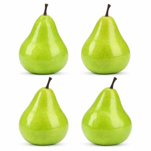 AKORD Pack of 4 Plastic Artificial Green Pears - Shatter-proof Foam Decorative Fruit for Home and Kitchen Displays