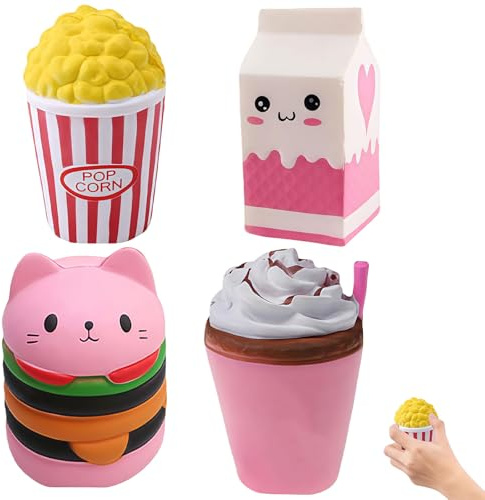 4 piezas Squeeze Toy, Squishies Squishy XXL Gato Hamburguesa Simulación Anti Estrés Juguete Squishy Grande Squishys Squishies Juguete de alivio del estrés para regalos de fiesta