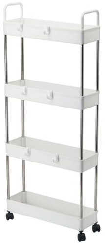 Taylor & Brown 4-Tier Storage Trolley Cart Slide-out Slim Rolling Utility Cart Mobile Storage Shelving Organiser for Kitchen, Bathroom, Laundry Room, Bedroom, Narrow Places, Plastic, White