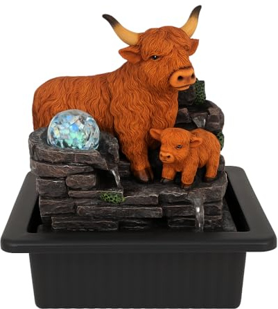 Highland Bliss Tabletop Water Fountain – USB Powered Indoor Feature with Highland Cow & Calf | 25cm Relaxing LED Cascade Ornament for Home, Office, Meditation Room