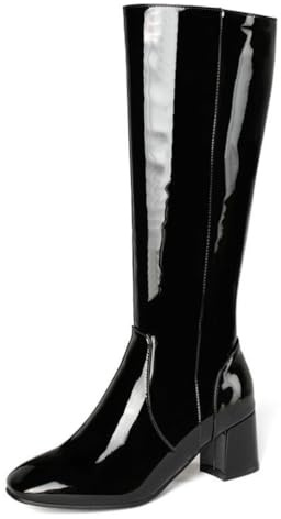 Generico Stivali da Donna in Pelle Verniciata sopra Il Ginocchio, Stivali da Equitazione A Punta Quadrata con Tacco Grosso, Taglie Forti,Nero,42 EU