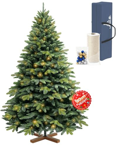 Ferzone Sapin de Noël Artificiel Vert 180cm avec 150 Lumineux LED & Sac de Rangement, Arbre de Noël avec Pied en Bois, 1112 Pointes de Sapin en PVC/PE, Montage Facile&Design Pliant