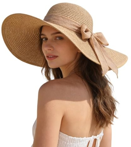 LHHMZ Women Beach Sun Straw Hat, Wide Brim Summer Hat, Foldable Packable Floppy Beach Hats Khaki
