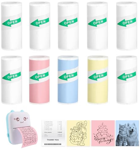 HAPPOW 10 rullar termopapper 57 mm, miniskrivare klistermärken rullar, termopapper självhäftande, vit/rosa/blå/gul, vattentät och reptålig, för miniskrivare/omedelbar kamera (3 m/rulle)