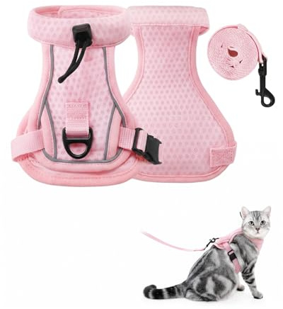 Luxorium Arnes para Gatos Antiescape S Rosa con Correa para Gatos de 1,4 m, Arnes Gato Pequeño y Adulto Ajustable en Malla Reflectante Transpirable para Paseos y Salidas al Exterior