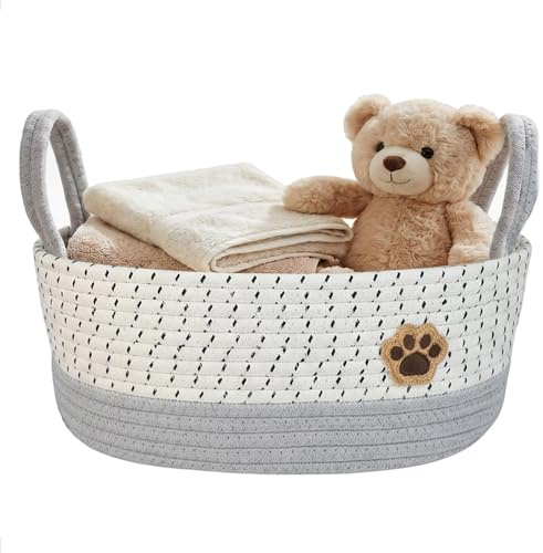 SIMDAO Dog Toy Basket, Cotton Rope Dog Toy Storage, Dog Toy Box Organizer Baskets with Handle, Dogs Toy Bin for Pet Supplies, Blankets, Leashes for All Pet 34 x 22.5 x 12.5cm (Grey)