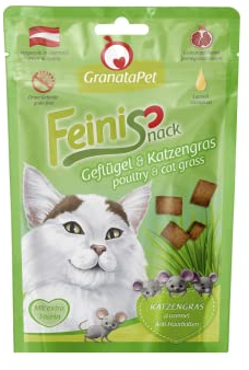 GranataPet FeiniSnack Geflügel & Katzengras, Leckerchen für Katzen, bekömmlicher Katzensnack, Katzenleckerli ohne Getreide & Zuckerzusätze, Belohnung für verspielte Samtpfoten, 6 x 50 g