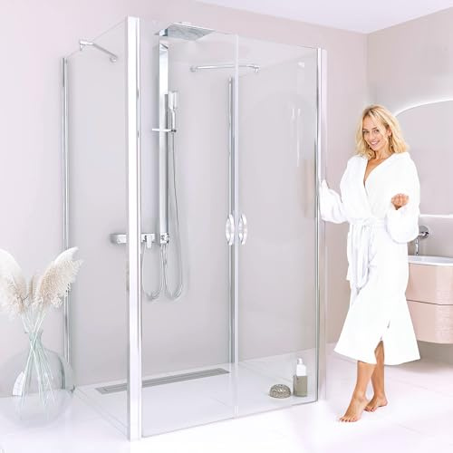 BIJON Duschkabine U Form 100x80 Dreiseitig Klarglas, Dusche Uform Duschkabine 100x80x195 cm - Nano, Lotuseffekt, Duschkabine 3 Seitig mit Pendeltür, Duschabtrennung ECHT-Glas
