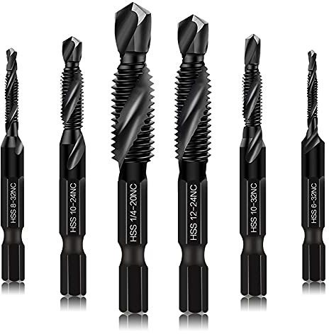 6 Packs Combination Drill & Taps Bit Set, Screw Tapping in SAE Size 6-32nc 8-32nc 10-32nc 10-24nc 12-24nc 1/4-20nc with Anti-Rust Black Coating, 1/4” Hex Shank and Storage Case