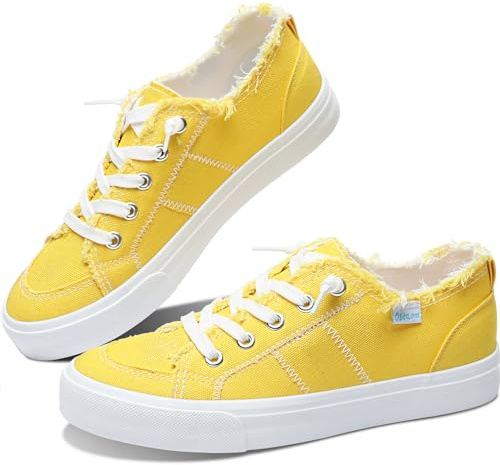 Obtaom Women's Play Fashion Sneaker Comfortable Canvas Slip on Shoes Washed Canvas Flats（Lemon Yellow，US6）