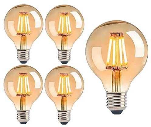 Trango 5-pack E27005, LED, E27, 3-steg, dimbar, varmvit, guldfärgad, 2 500 Kelvin, 4 watt, 400 lumen, G80 Ø8 cm, glödlampor, Edison-glödlampa, bärnsten, vintage, glödlampa, retrobelysning, glob,