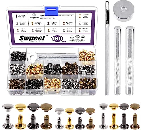 Swpeet 180 Sets 4 Farben 8mm 10mm 12mm Ledernieten Doppelkappennieten mit 4Pcs Befestigungswerkzeug Sortiment Kit, Ledernieten Doppelkappennieten Tubular für DIY Leder Handwerk Kleidung Schuhe