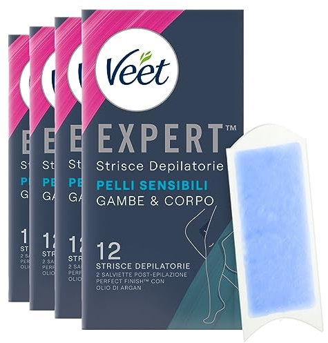 Veet Expert Strisce Depilatorie Gambe & Corpo Pelli Sensibili Formula con Olio di Mandorla Linguetta EasyGrip e Salviette Post-Epilazione Perfect Finish con Olio d'Argan - 4 Confezioni da 12 Strisce