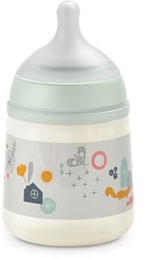 Suavinex, Flaska 150 ml; SX Pro symmetrisk napp i långsam flödessilikon (S); med anti-kolisk ventil; ultratunn silikon; för nyfödda bebisar, +0 månader; walk grön