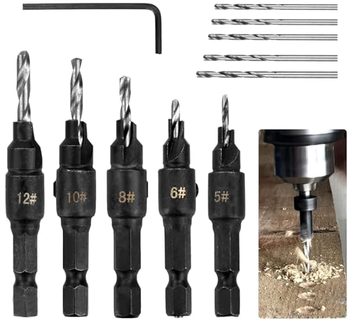 Juego de Brocas Avellanadoras, 5 piezas Juego de Brocas de Avellanado de Madera, Broca Espiral HSS, con una llave Hexagonal, Sjuste de Profundidad Desmontable, para Tornillos #5, #6, #8, #10, #12