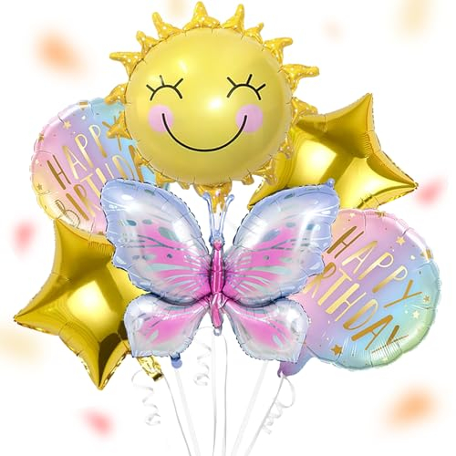 ALEGRE® Sonne Schmetterlings Folienballon, 6 Stück Schmetterling Luftballons Geburtstag Mädchen Set, Helium Balloon Kindergeburtstag Deko, Happy Birthday Ballon für Babyparty,Hochzeit,Taufe Party Deko