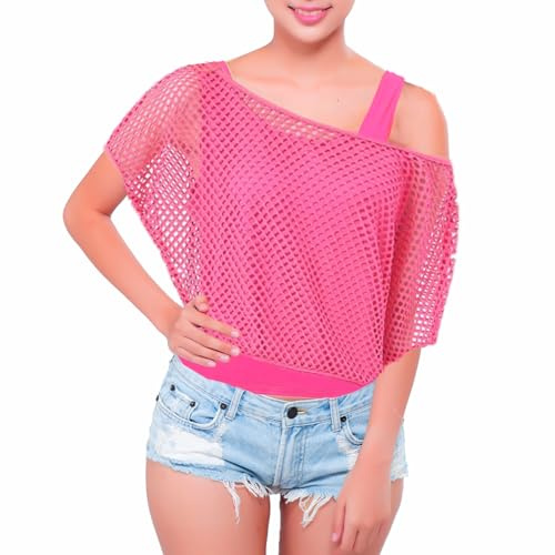 JINGTOPS Costume de Carnaval des AnnéEs 80 et 90 pour Femme,Haut Fluo Femme, Chemise en RéSille des AnnéEs 80 pour Femme, DéBardeur, Fille NéOn des AnnéEs 80 Accessoires de Costume (rose rouge, M)