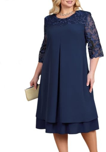 OBEEII Women's Plus Size Chiffon Dress Half Sleeve Round Neck Floral Embroidery Party Wedding Guest Cocktail Dress UK Navy 1XL