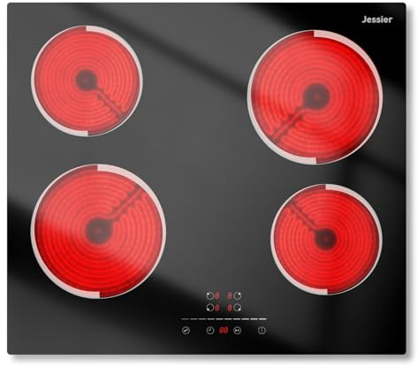 Placa Vitroceramic 4 Fuegos 6000W, Jessier Vitroceramica Induccion, Placa Electrica Cocina 9 Niveles de Potencia, Función Pausa, Temporizador, Bloqueo de Seguridad
