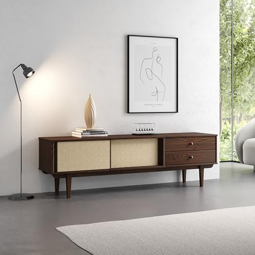 Meuble TV SIMONA L 175 cm en bois massif coloris noyer avec 2 Tiroirs 2 Portes Coulissantes, Pour téléviseur jusqu'à 75, Style Vintage Scandinave Années 50 avec Rotin Tressé, Rangement pratique