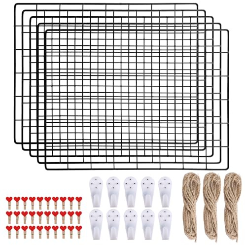 LDHHYH Grid Wall Panels, 5 Pack Metal Wall Grid Panel Black, Wire Grid Photo Display Organizer, Metal Wire Notice Boards with Clips and Hooks for Photo Memo Note Art Wall Décor, 40x30cm