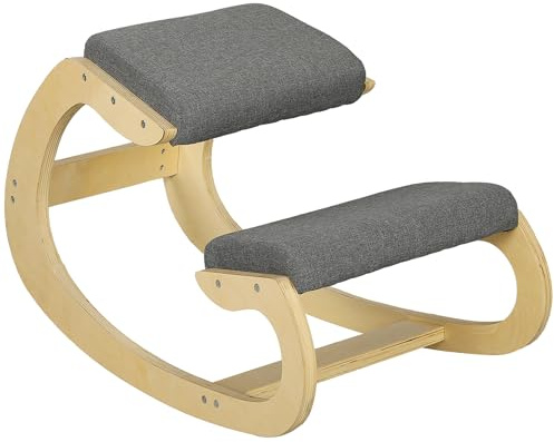 HOMCOM Silla Ergonómica de Rodillas, Silla de Rodillas de Madera, Taburete Ergonómico, Cojín Acolchado, para Mejorar la Postura, para Casa y Oficina, Gris