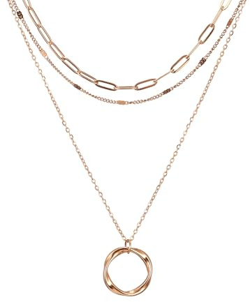 AFSTALR Layering kedja damer 3 st flerradigt halsband guld silver roséguld med cirkel vridet hänge rostfritt stål choker halsband vattentätt smycke presenter för kvinnor flickor, 15+2 cm, 16.5+2 cm